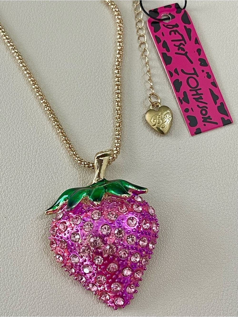 Betsey Johnson Pink Crystal Strawberry Pendant Gold Statement Necklace